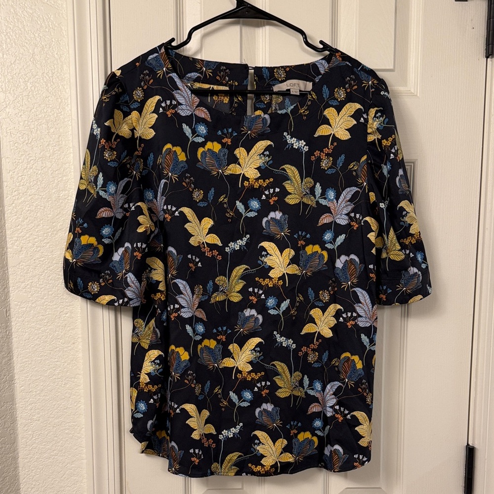 LOFT Navy Floral Blouse